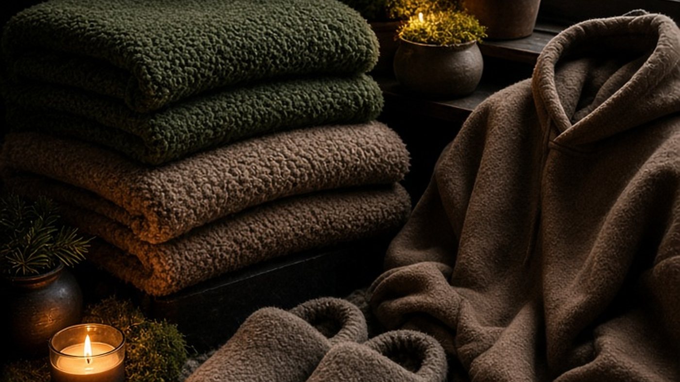 Stacks of green and brown sherpa blankets, a brown fleece hoodie and slippers on a wool rug by a frosty window