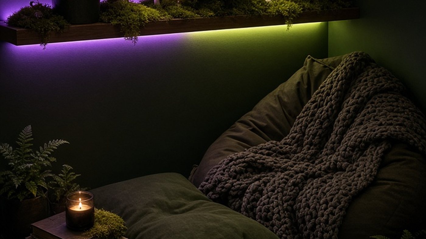 Dark reading and gaming nook with a bean bag, chunky knit blanket, books, controller and purple and lime LED shelf glow