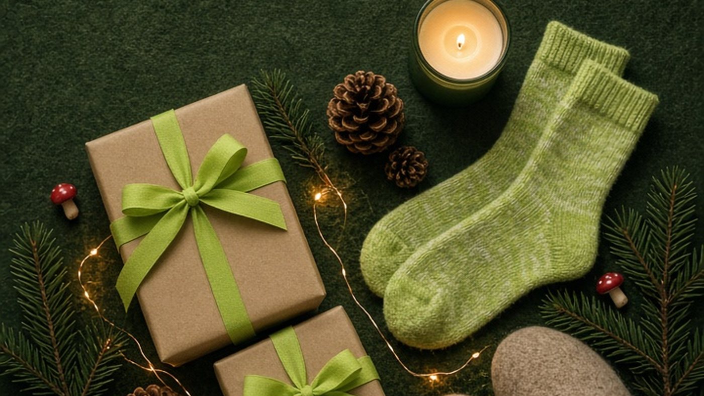 Kraft-wrapped gifts with lime ribbon, fuzzy green socks, felt slippers, a candle and pinecones on mossy green wool