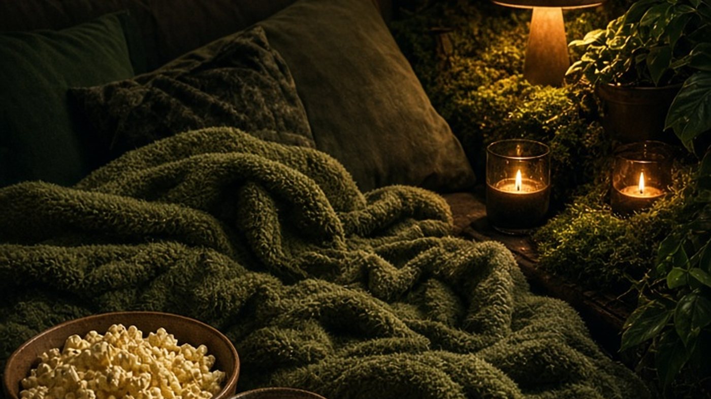 Dark mossy couch nest with a green fleece blanket, popcorn, cocoa, candles and a glowing mushroom lamp