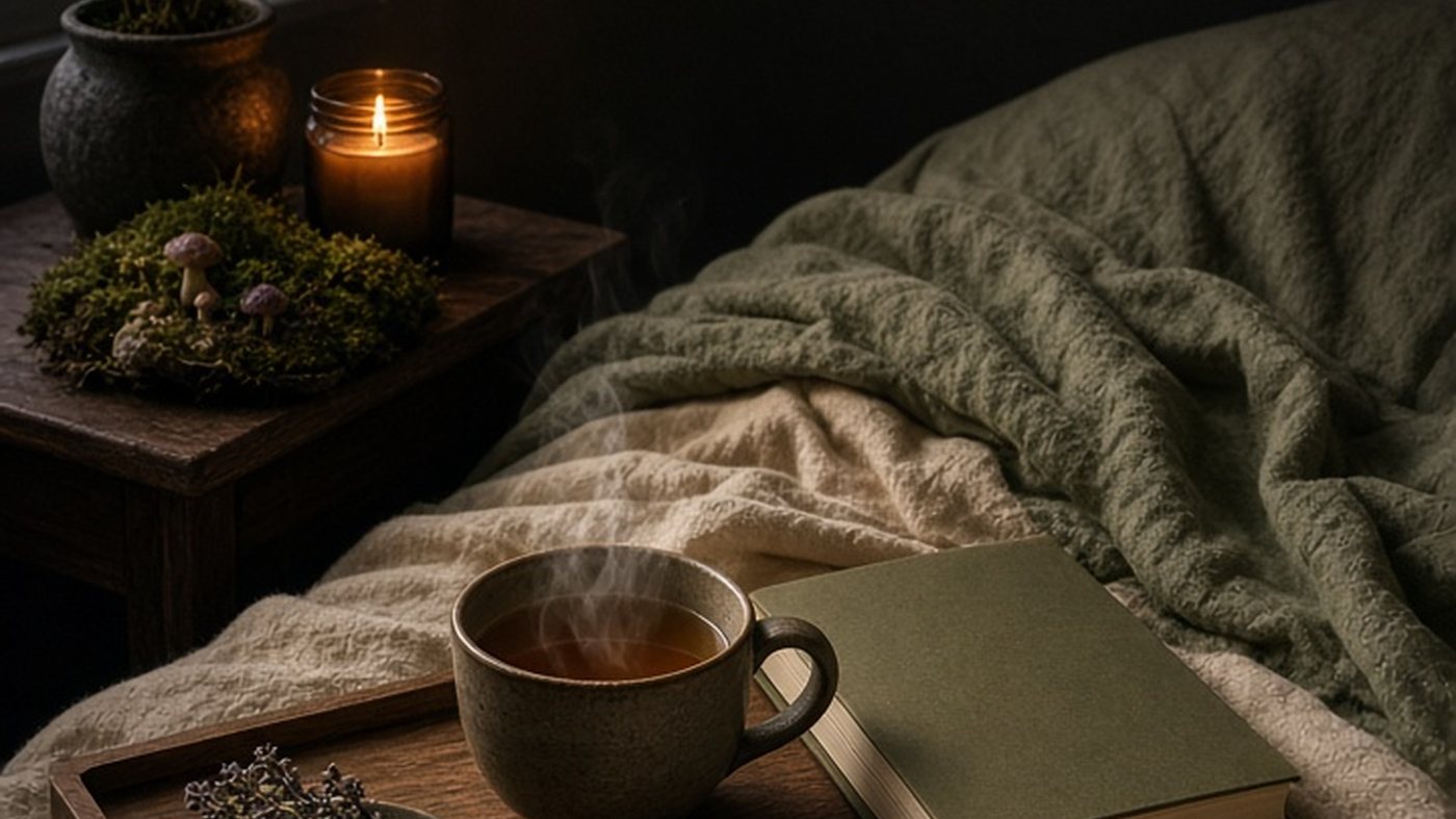 Cozy bed with sage and cream blankets, a steaming tea on a wooden tray, a book and a candle by a rainy window