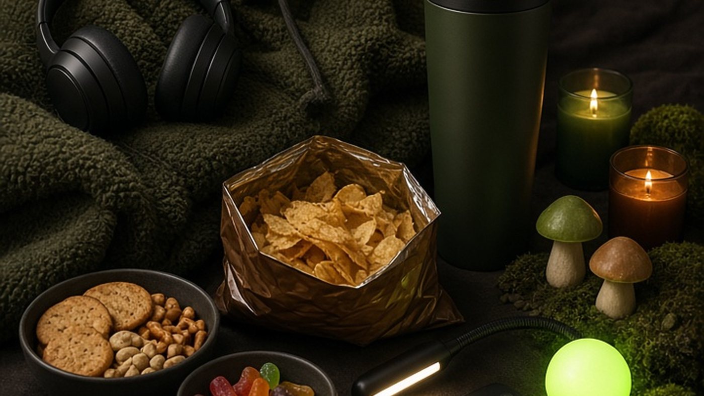 Rot day kit on a dark bed: green sherpa hoodie, headphones, bowls of snacks, a tall tumbler, a reading light and glowing mushroom decor